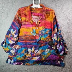 $119 NEW John Mark Top Shirt Women 3X 1/2 Button Floral Painting Lightweight